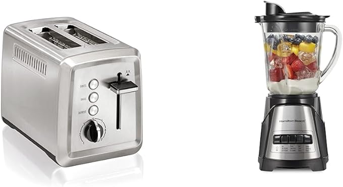 Hamilton Beach 2 Slice Toaster with Extra-Wide Slots Bagel Setting Toast Boost &amp Power Elite Wave Action Blender-40 Oz Glass Jar 12 Functions Black (58148A)