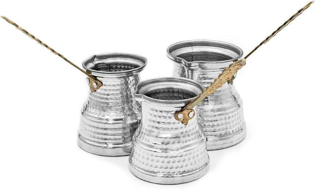 Aluminum Coffee Pot Set 3 Piece Metallic Finish Traditional Turkish Coffee Maker Set for Home Kitchen Camping Picnic - Metal One Size