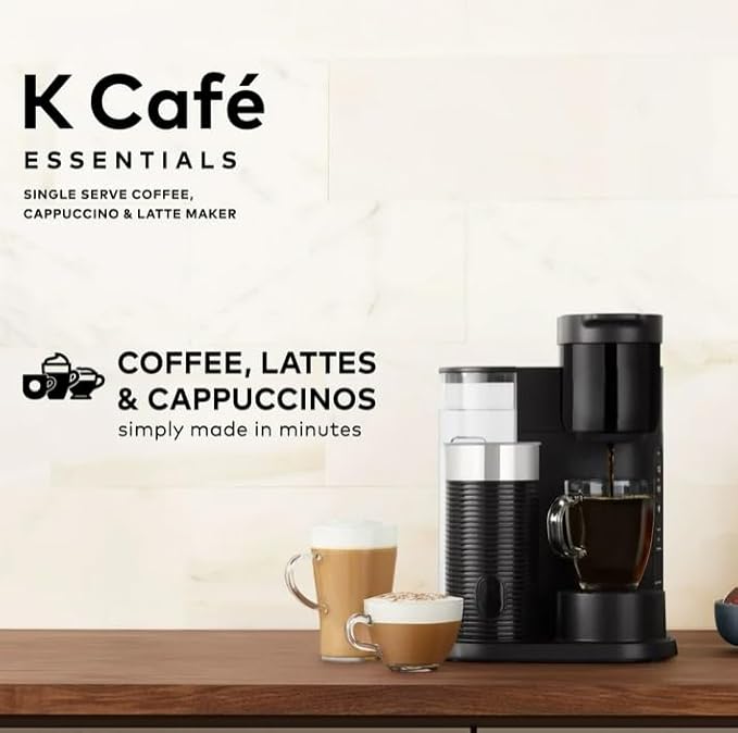 KeuriigK K Cafe Essentials Single Serve K Cup Pod Coffee Latte and Cappuccino Maker Built In Milk Frother Latte &amp Cappuccino Brewer Espresso Shot 3 Brew Sizes 42 oz Water Reservoir color Bl
