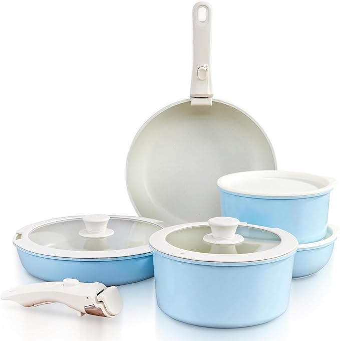Multi-Piece Detachable Cookware Set Non-Stick Pots and Pans Set with Removable Handles Cooking Set Oven Safe Stackable Universal for All Stoves15PcBlue