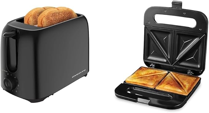 OVENTE Electric 2 Slice Toaster Machine with 6-Shade Toast Settings 700W Power &amp Electric Sandwich Maker with Non-Stick Plates Indicator Lights Cool Touch Handle