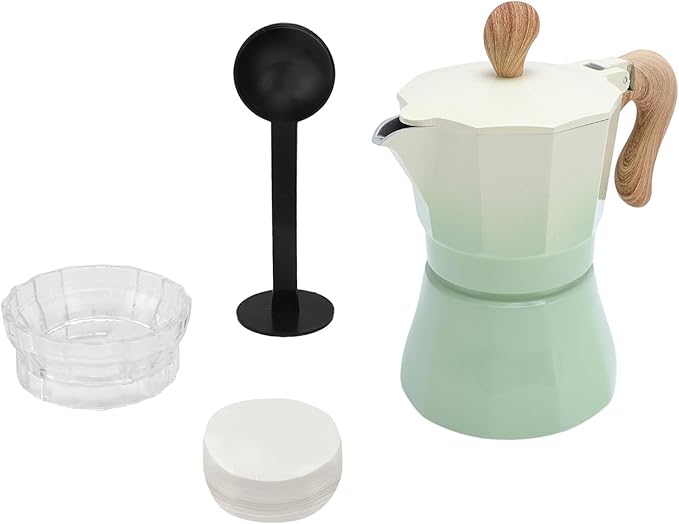JTLB Italian Coffee Maker 150ml Single Valve Coffee Pot with Coffee Distributor Spoon Paper Filter 3 Cups (Gradient Green)
