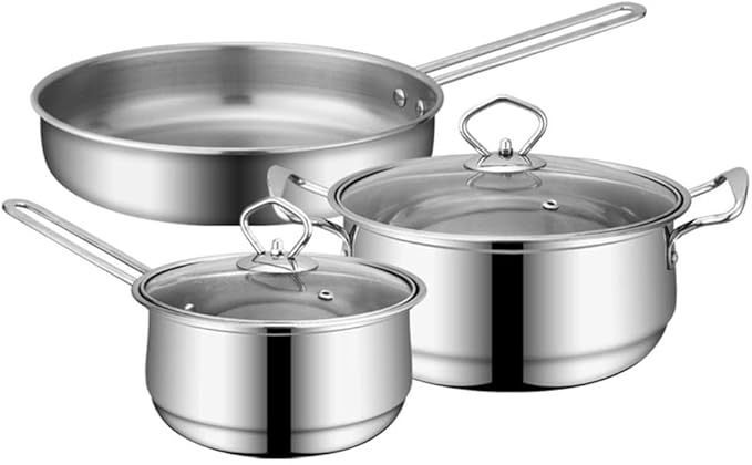 3pcs/Set Stainless Steel Cookware Set Flat Bottom Frying Pan Soup Pot Milk Pot Induction Cooker Cooking Pan for Home