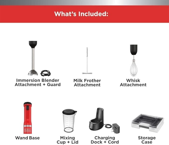 BLACK+DECKER Kitchen Wand Cordless Immersion Blender 3 in 1 Multi Tool Set Hand Blender with Charging Dock Whisk and Milk Frother Red (BCKM1013KS06)