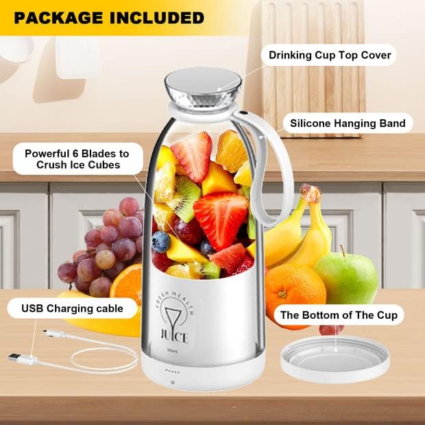 Portable Blender 500ML Personal Blender for Shakes and Smoothies Personal Size Blender Traveling Fruit Veggie Juicer Cup USB Rechargeable with Six Blades for Sports Travel and Outdoors (white)