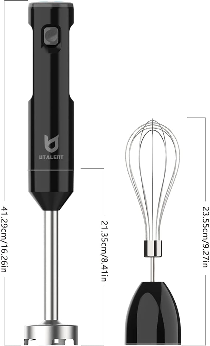 Cordless Hand Blender UTALENT Variable Speed Immersion Blender handheld Rechargeable with USB-C Charging Cable Egg Whisk for Smoothies Milkshakes Hummus and Soups – Black