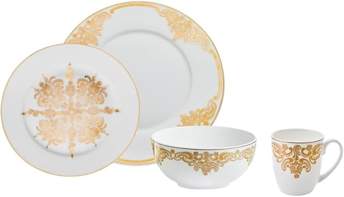 Godinger Dinnerware with Salad/Dessert Plate Dinner Plate Coffee Mug and Bowl Porcelain 20th Century Baroque 16 Piece Set White