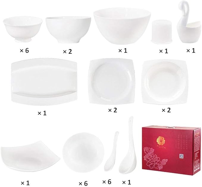 Dinner Plates Pottery Tableware 30 Pieces Pure White Dinnerware Set Palace Style Dishes for Family Banquet or Restaurant European Nobility's Choice Service for 6