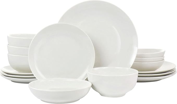 16 Piece Porcelain Double Bowl Dinnerware Set for 4 White Plates and Serving Bowls Dishwasher and Microwave Safe Tableware Set