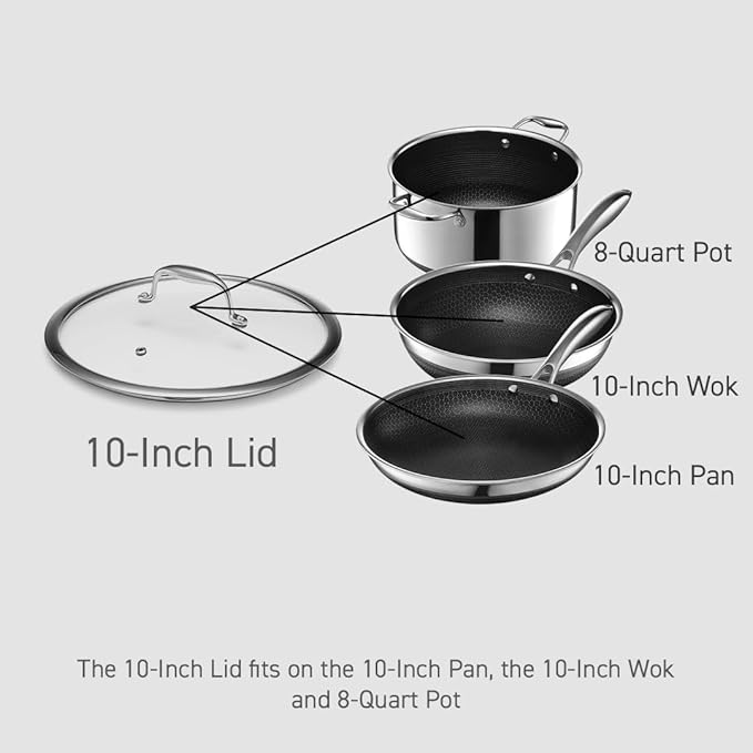 HexClad Hybrid Nonstick 3-Piece Cookware Set 10 Wok 10 Lid and 8 Lid Stay-Cool Handles Dishwasher and Oven-Safe Induction Ready Compatible with All Cooktops