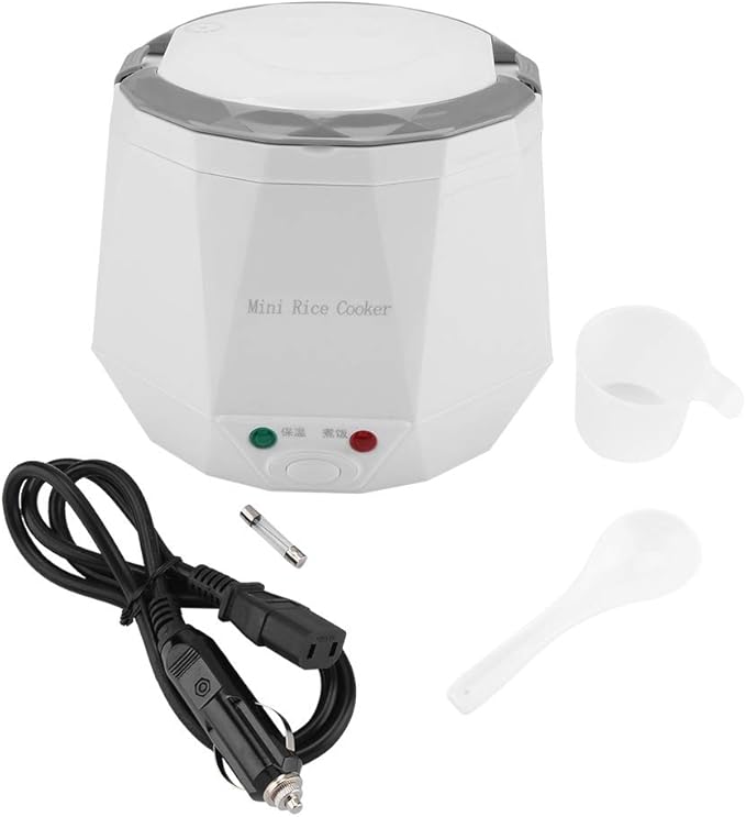 Electric Rice Cooker for Car Portable Food Steamer 12V 100W 1.3L for Home and Travel (White)