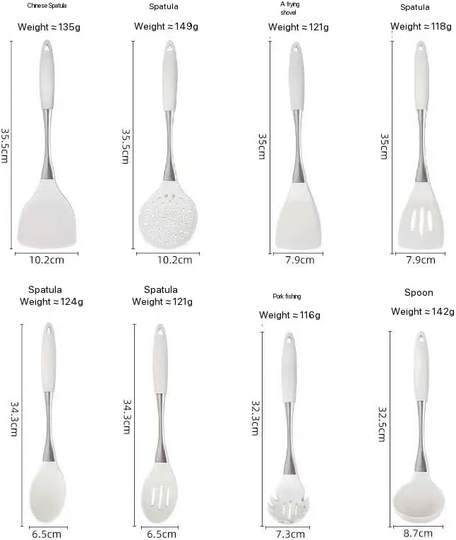 8-Piece White Kitchen Utensil Set with Gold Handles Stainless Steel Cooking Tools Includes Spatulas Ladle Spoons for Nonstick Cookware (silvery and Beige)