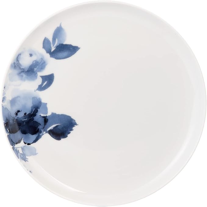 Maklaine Contemporary Porcelain Dinnerware Set 16-Piece Midnight Roses Design White and Blue Finish Includes Plates Bowls Mugs Durable Chip-Resistant Microwave/Dishwasher Safe Casual or