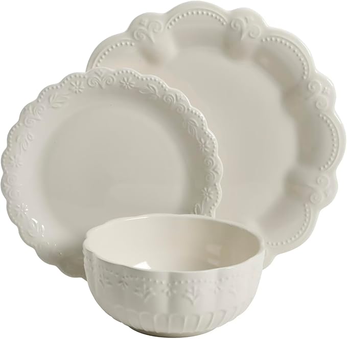Gorgeous Durable Stoneware 12-Piece Plates &amp Bowls Dinnerware Set Linen