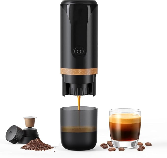 BRBHOM Portable Electric Espresso Coffee Maker Electric Coffee Machine Compatible with NS Capsules and Coffee grounds for Camping Travel Home【Self-Heating version】