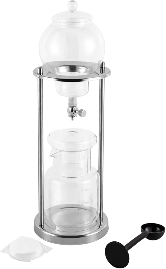Luxury Ice Cold Brew Dripper Coffee Maker in Stainless Steel and Borosilicate Glass 600 ml Silver