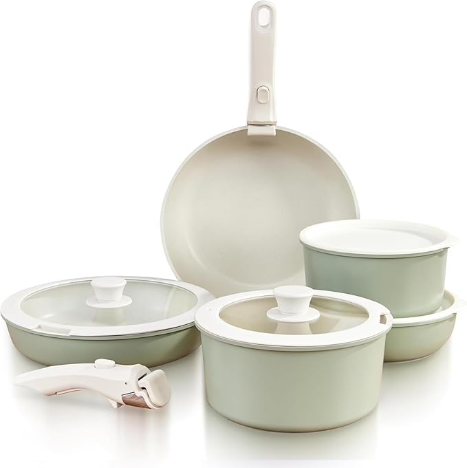 Multi-Piece Detachable Cookware Set Non-Stick Pots and Pans Set with Removable Handles Cooking Set Oven Safe Stackable Universal for All Stoves21PcGreen