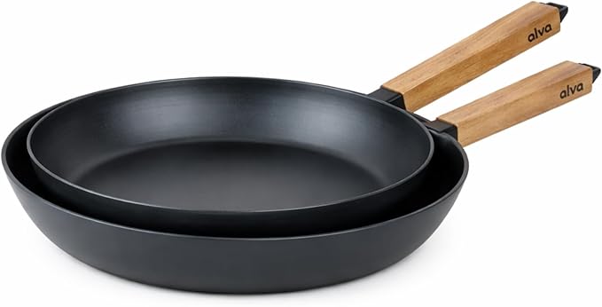 Alva Forest 8 &amp 11 Carbon Steel Frying Pan Set – Naturally Nonstick Pre-Seasoned Skillet Acacia Wood Handle Toxic Free (No PTFE/PFOA) Induction &amp All-Stovetop Safe Lightweight &amp Dura