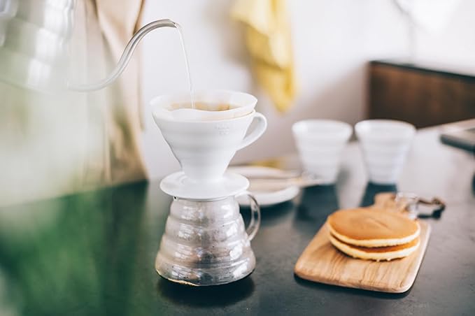 Hario V60 Coffee Pour Over Kit Bundle Set - Comes with Ceramic Dripper Range Server Glass Pot Measuring Spoon and 100 Count Package of Hario 02W Coffee Filters