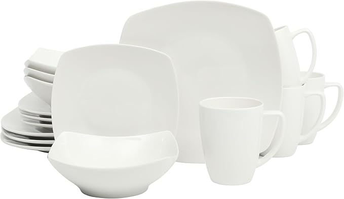Gibson Home Zen Buffet Porcelain Chip and Scratch Resistant Dinnerware Plates Bowls and Mugs Set Service for 4 (16pcs) White (Square Dishes)
