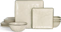 Famiware Dinnerware Sets for 4 Ocean Square 12-Piece Kitchen Plates and Bowls Sets Microwave and Dishwasher Safe Scratch Resistant Light khaki