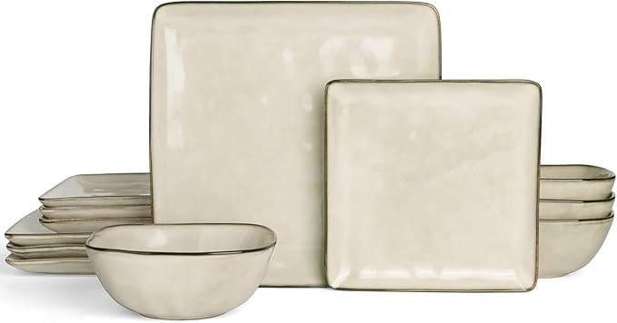 Famiware Dinnerware Sets for 4 Ocean Square 12-Piece Kitchen Plates and Bowls Sets Microwave and Dishwasher Safe Scratch Resistant Light khaki
