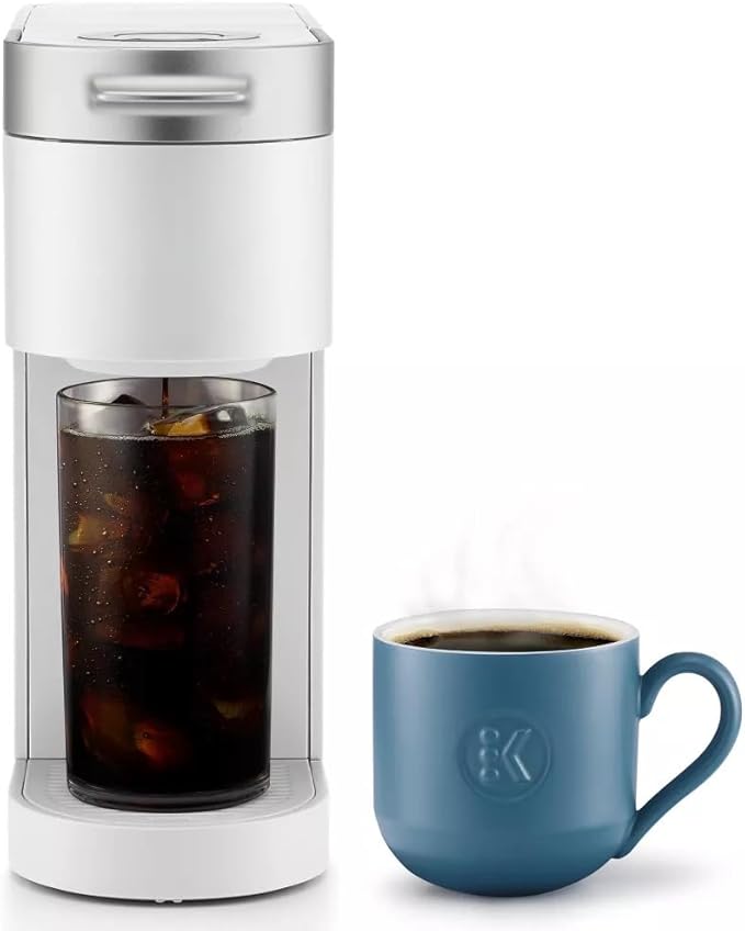 K-Iced Plus Single-Serve Coffee Maker &amp Espresso Machine - Brews Iced &amp Hot Coffee Compact Design Fits Travel Mugs 46 oz Removable Water Reservoir Auto Shut-Off KCup Compatible White
