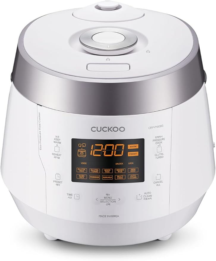 CUCKOO High Pressure Rice Cooker 10-Cup Uncooked / 20-Cup Cooked with Nonstick Inner Pot Large Rice Maker with 13 Menu Options and Steam Plate Fuzzy Logic Tech Voice Guide White (CRP-P1009SW)