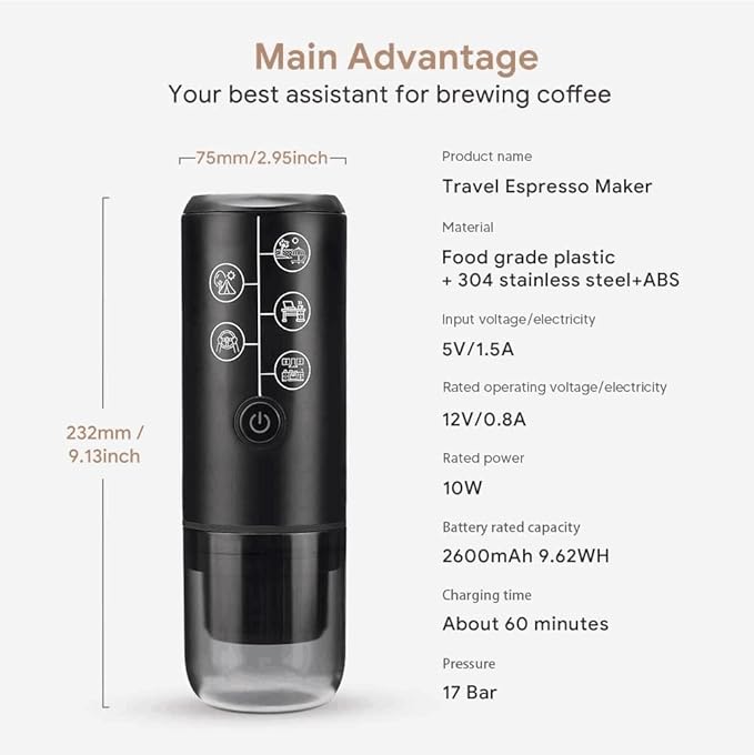 Portable Espresso Machine Mini 12V Rechargeable 3-in-1 Multi-Function Electric Coffee Machine One Key Extraction Compatible with NS &amp DG Capsules and Ground Coffee for Office Home (Black)