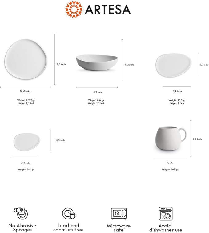 Artesa Ceramic Dinnerware Set White Matte 4-Piece Place Setting with 10.8 Dinner Plate 8.2 Bowl Cup and Saucer Handmade Microwave Safe