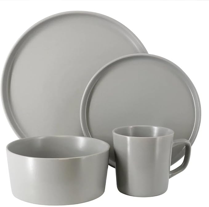16 Piece Stoneware Dinnerware Set – Modern Matte Finish Plates and Bowls Microwave &amp Dishwasher Safe Service for 4 (Light Gray)