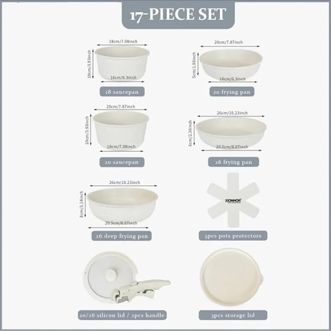 17pcs Non-stick Pots and Pans Set Aluminum Saucepan Frying Pan Milk pot Cookware Set Removable Handle Universal stove