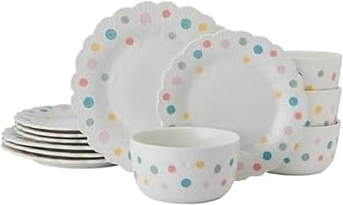 Darbie Angell Painted Daisy 12 Piece Plate and Bowl Dinnerware Set Durable Service for 4 Floral Design Modern Tableware