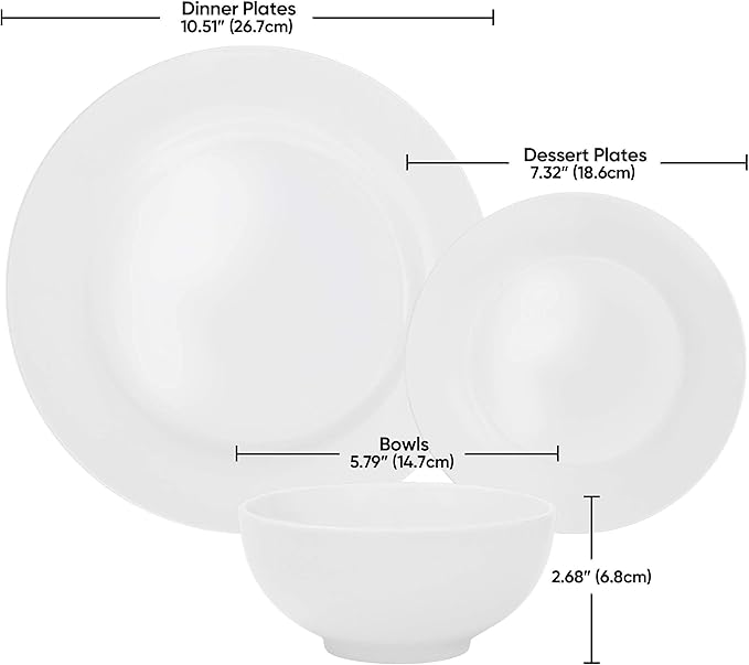 Nouva 18-Piece Service for 6 Porcelain Dinnerware Set Round Kitchen Plates and Bowls Set Chip &amp Scratch Resistant Dishware Sets White