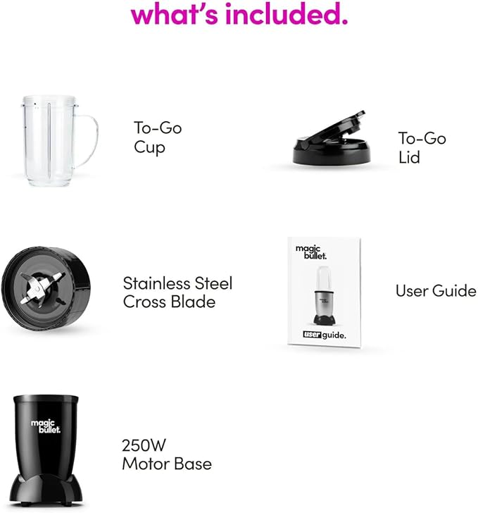 GYCO 4 Piece 250 W Personal Blender MBR-0401WM Portable Juice Blender Stainless Steel Cross Blades Mug with Handle Black
