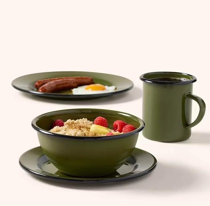 4 Piece Enamel Dinnerware Set Dark Green with Black Rim Includes Plate Bowl and Mug