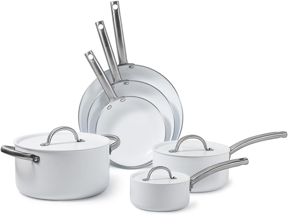 BLACK+DECKER 9-Piece Ceramic White Aluminum Cookware Set Pots and Pans Set with Ceramic Non-Stick Coating