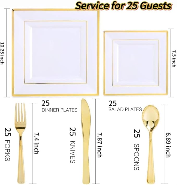 WDF 125pcs Gold Plastic Plates Set - Fall Plastic Plates Gold Rimmed Dinner &amp Salad Plate Silverware (25 Forks Knives Spoons) for Wedding Baby Shower Spring Birthday