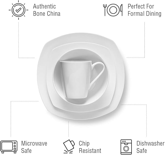Stone Lain Bone China Soft Square 16 Piece Dinnerware Set White