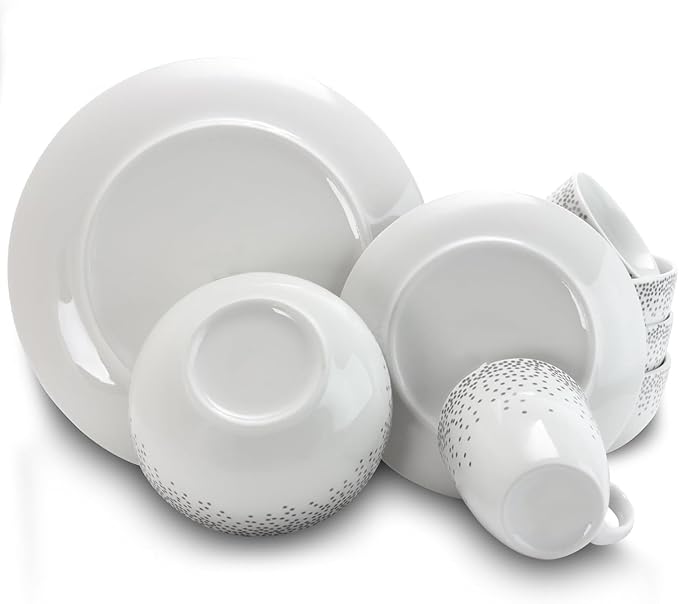 16 Piece Round Ceramic Dinnerware Set – White Plates Bowls &amp Mugs with Platinum Dot Design – Elegant Dish Set for 4 Microwave &amp Dishwasher Safe