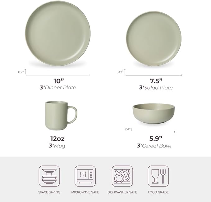 12-Piece Stoneware Dinnerware Set Green Matte Glaze Service for 3 Includes Dinner Plates Salad Plates Bowls Mugs Microwave and Dishwasher Safe