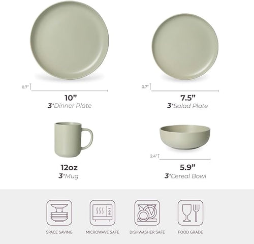 12-Piece Stoneware Dinnerware Set Green Matte Glaze Service for 3 Includes Dinner Plates Salad Plates Bowls Mugs Microwave and Dishwasher Safe