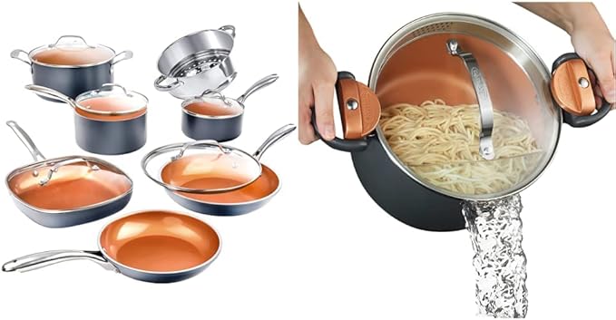 Gotham Steel Pots and Pans Set 12 Piece Cookware Set &amp Dishwasher Safe - 2023 Edition &amp 5 Quart Stock Multipurpose Pasta Pot with Strainer Lid &amp Twist and Lock Handles Graphite