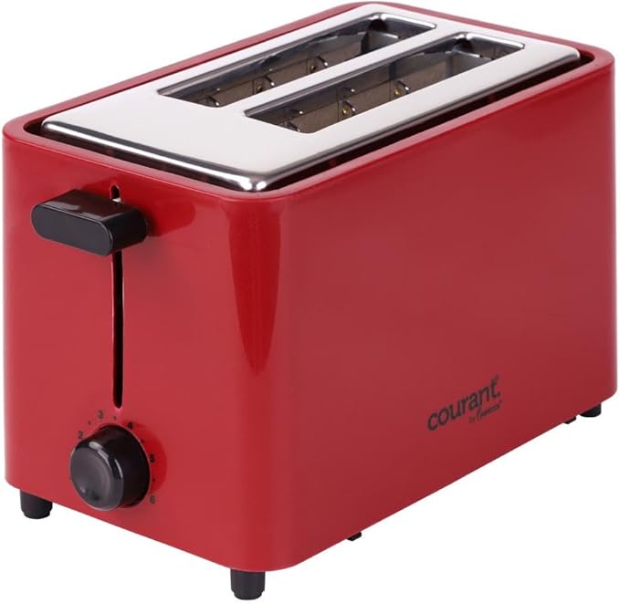 Courant 2-Slice Toaster Cool Touch with Extra Wide Slots For Bread Bagels &amp Waffle with 6 Adjustable Shade Settings CrumbTray &amp Cancel Function Extra-Lift Feature compact Design – Red