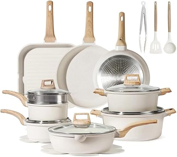 21 Piece Granite Nonstick Cookware Set Kitchen Pots Pans Utensils White Aluminum Easy CleanA21 Pc