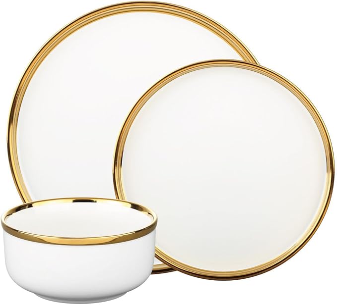 Godinger Dinnerware Set Dinner Plate Salad/Appetizer Plate and Soup/Cereal Bowl 12 Piece Set White and Gold Stoneware
