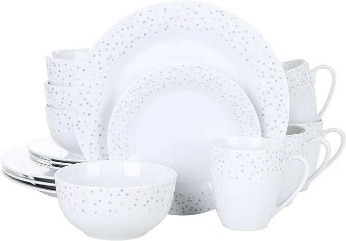 VEWEET Series Orion 16-Piece Dinner Set of Porcelain Combination Set with 10.75 Dinner Plate 7.5 Dessert Plate 5.5 Cereal Bowl and 380ml Mug Service for 4