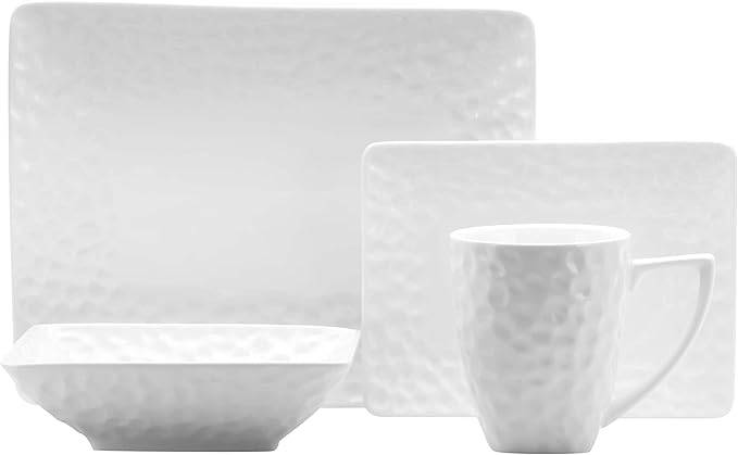 Marble Rectangular 16 Pc Dinner Set White Textured Casual Modern Contemporary Piece Dishwasher Safe Microwave