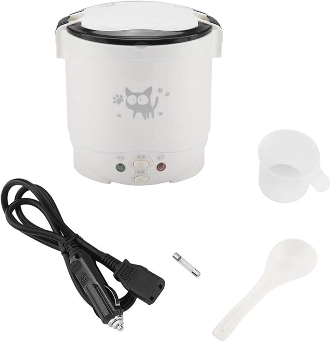 Estink Car Rice Cooker 1L Portable Rice Cooker for Car 12V 100W Electric Food Steamer Food Grade Material Double Safety Buckle Water Proof Surface and Non Stick Coating (White)