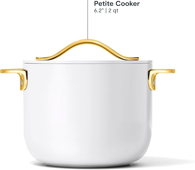 Caraway Petite Cooker - 2 Qt Ceramic Coated Pot - Free From Forever Chemicals - Perfect for Rice Grains or Sauces - White